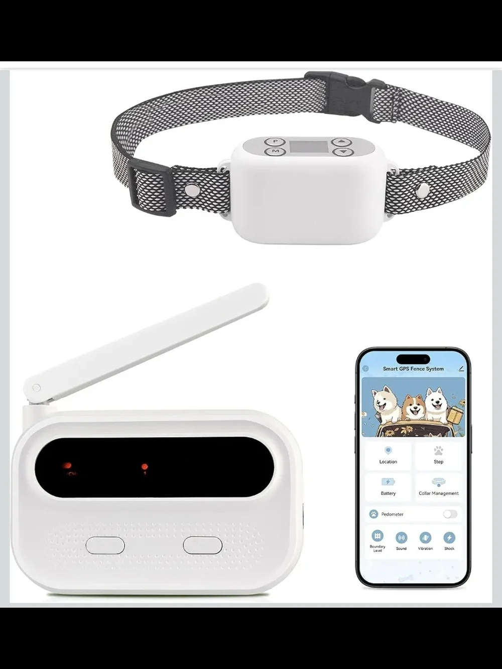 GPS Wireless Dog Fence System App Control No Wire 984FT Waterproof Collar White